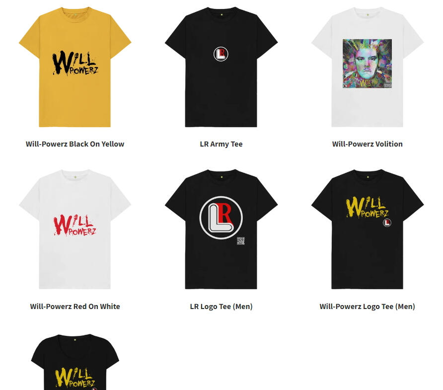 Screenshot of a selection of LR t-shirts available to buy.
